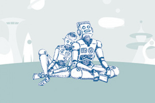 two robots leaning on eachother sitting on a hill